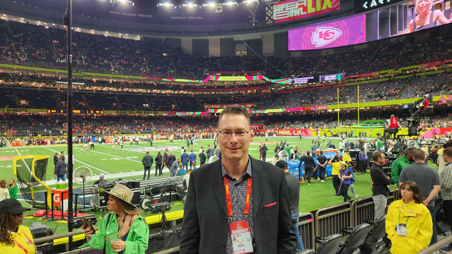 Mark Bednarski on the sideline at the Superdome on Super Bowl LIX game day
